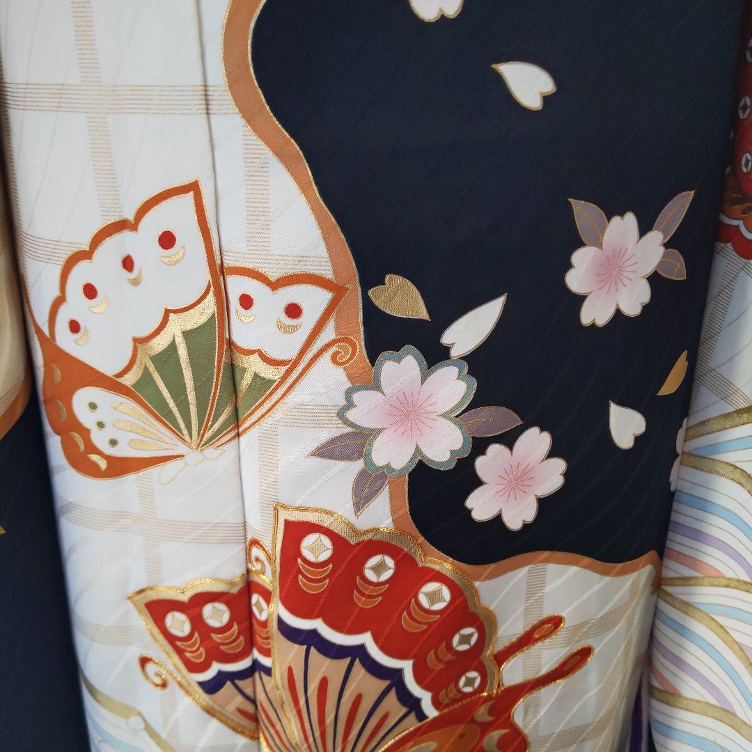 405白地レトロモダン　舞蝶桜　正絹振袖7点フルセット成人式卒式謝恩会