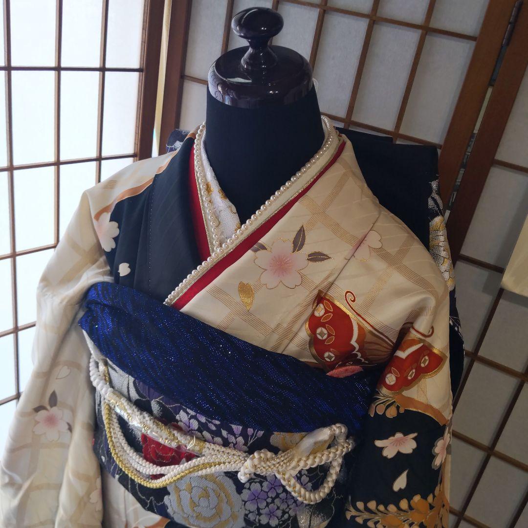405白地レトロモダン　舞蝶桜　正絹振袖7点フルセット成人式卒式謝恩会