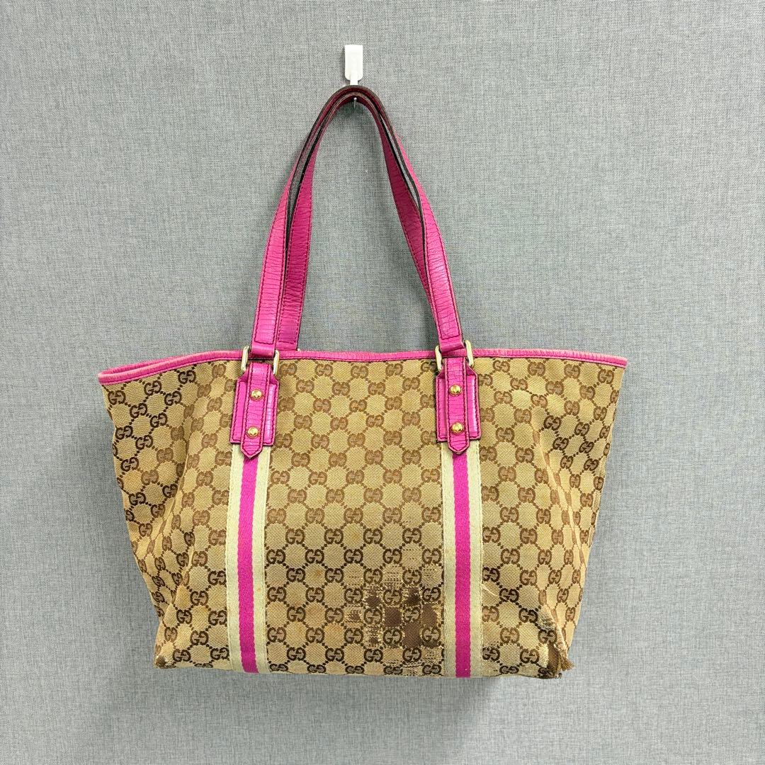 GUCCI グッチ GGキャンバス トートバッグ ハンドバッグ ピンク レザー