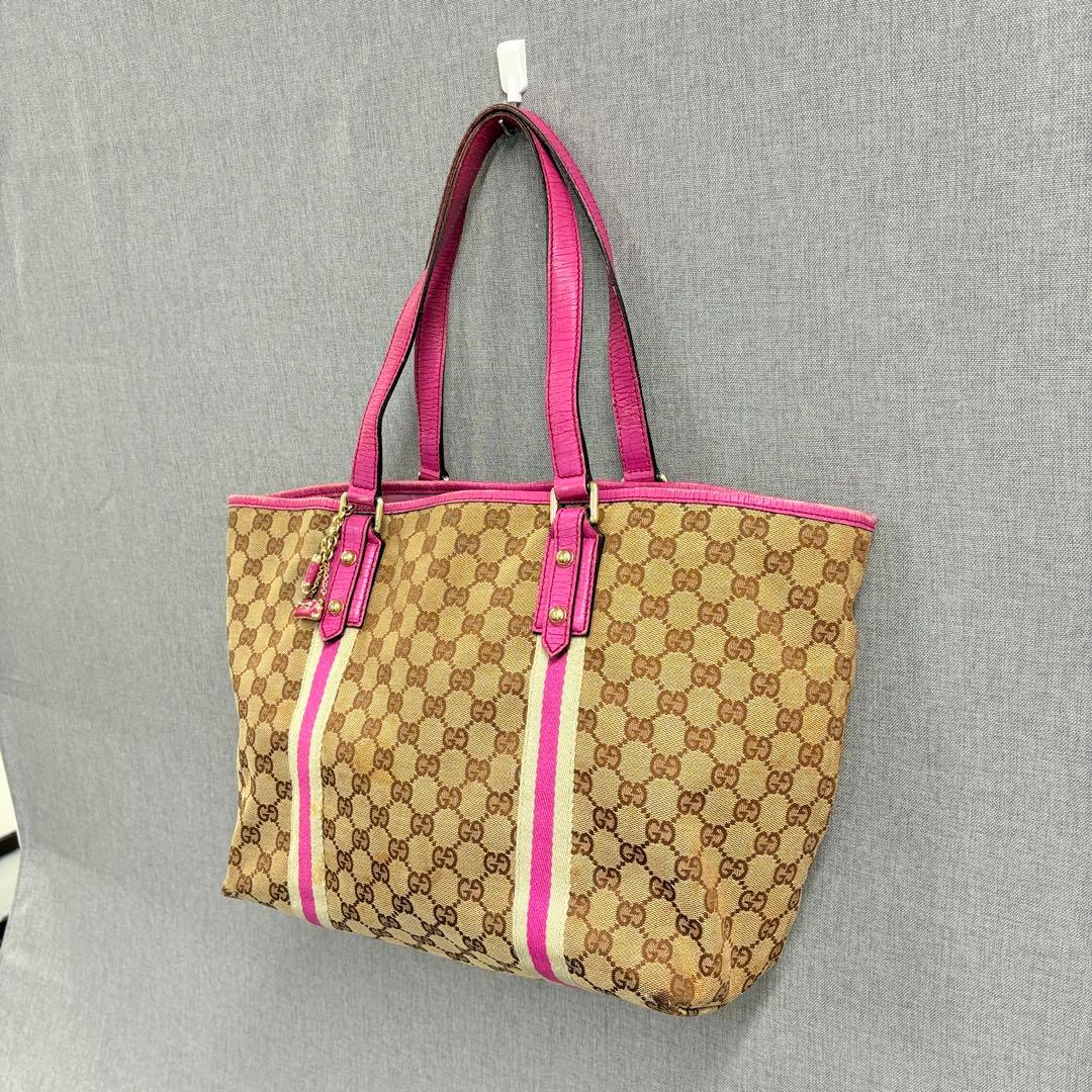 GUCCI グッチ GGキャンバス トートバッグ ハンドバッグ ピンク レザー