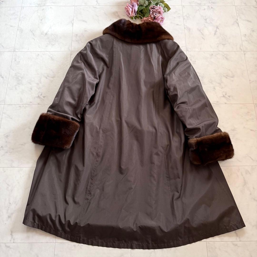 デミバフミンク トリミング 毛皮ライナー付き ロングコート Aライン 女優襟