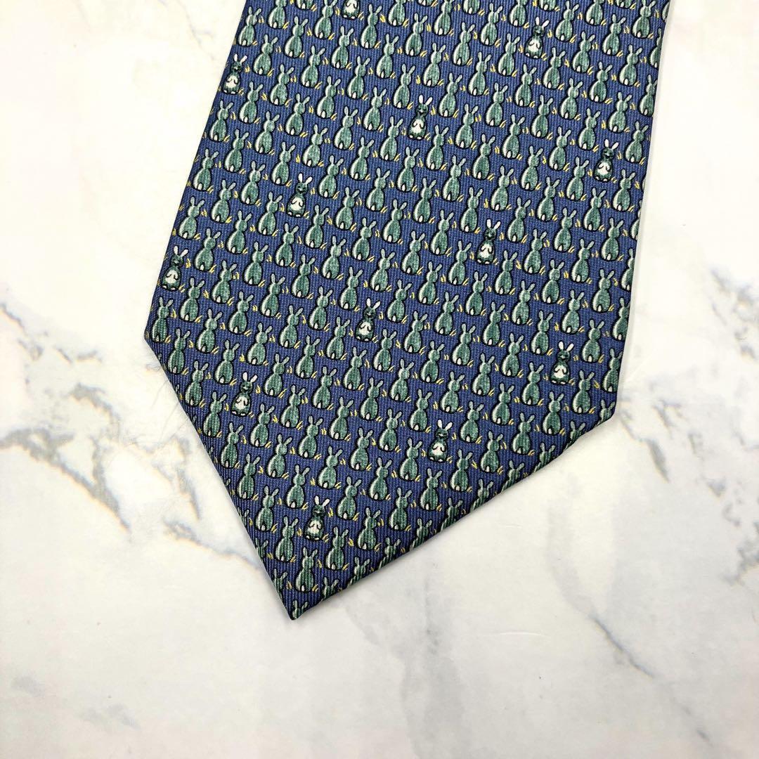 ◆良品◆HERMES エルメス ネクタイ 水色 うさぎ柄 カジュアル