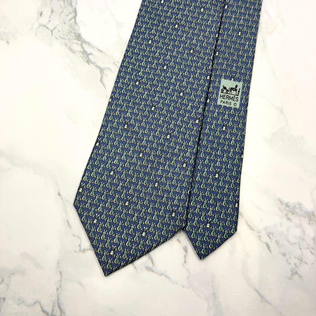 ◆良品◆HERMES エルメス ネクタイ 水色 うさぎ柄 カジュアル