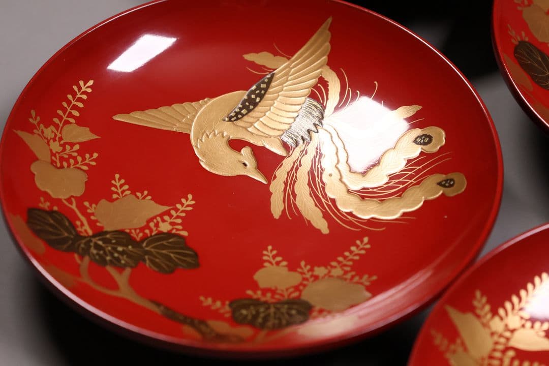【CM244】時代木製漆器 桐鳳凰・菊 金蒔絵 朱塗 引盃 五客 木製漆器 小皿