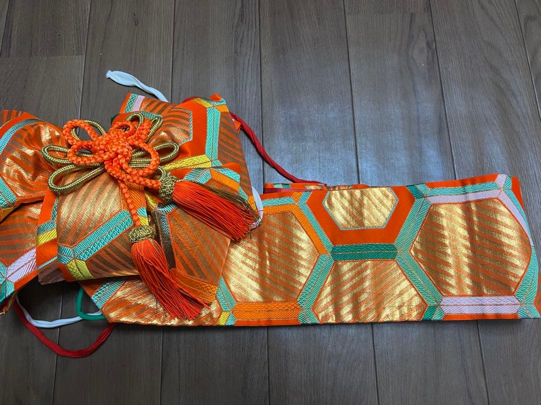 七五三　5歳〜7歳　オレンジ金色着物帯　帯幅14センチ