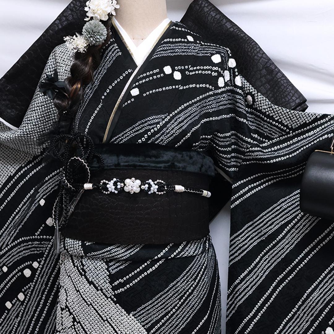 【美品】 振袖6点セット ◆丈157cm◆黒フルセット総絞り正絹帯新品Tc11