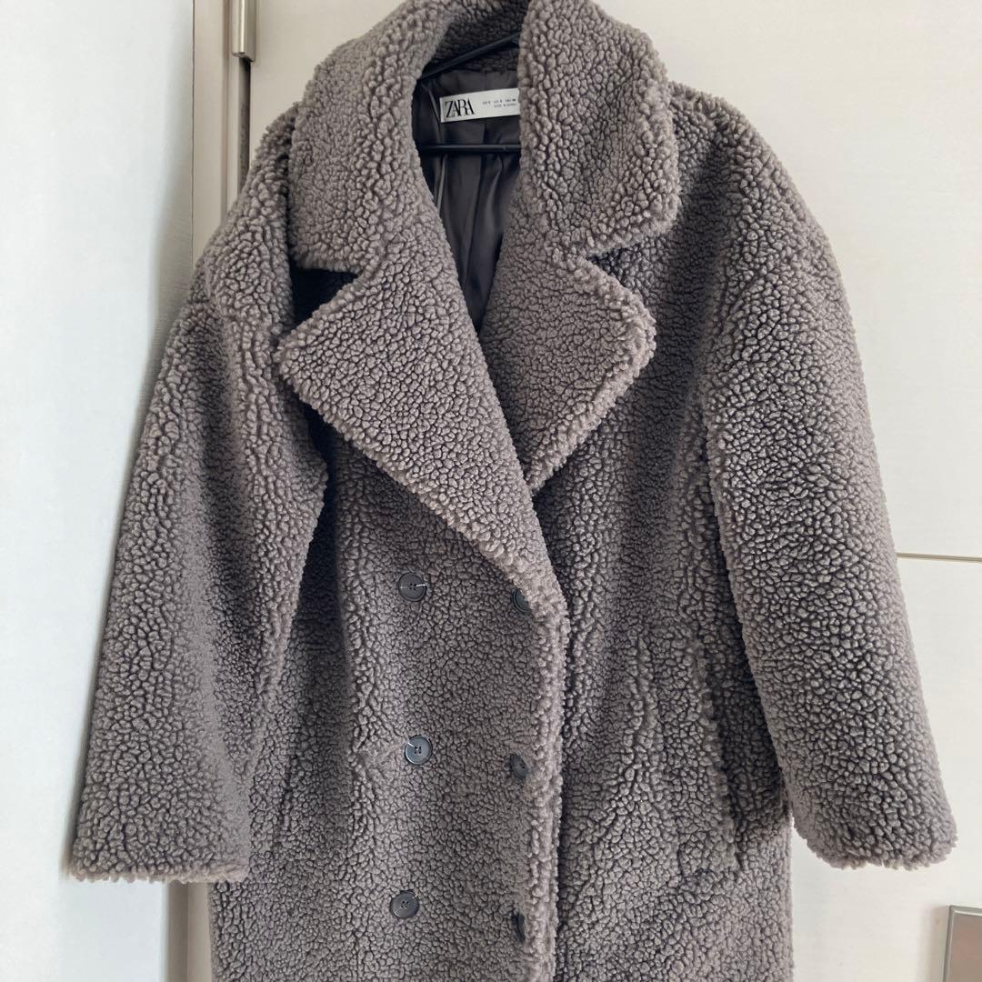 ZARA ボア ダブルブレストコート グレー S