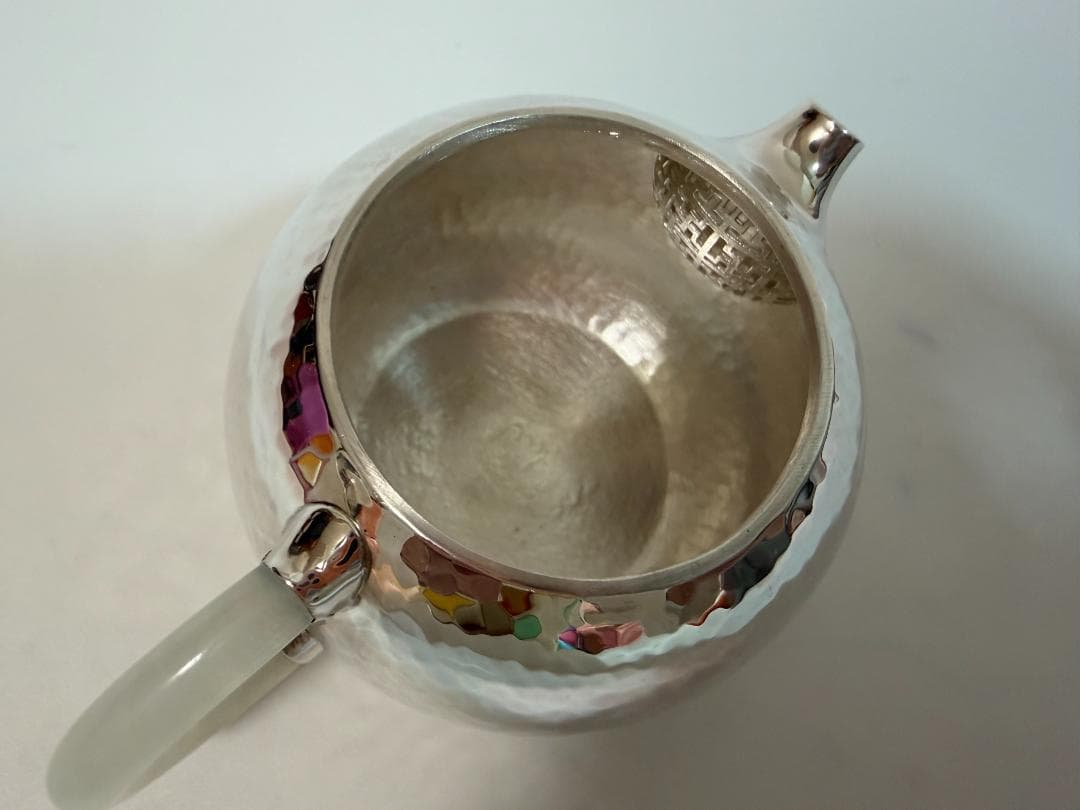 純銀製 丸形 玉石摘 鎚目紋 急須 銀瓶 煎茶道具