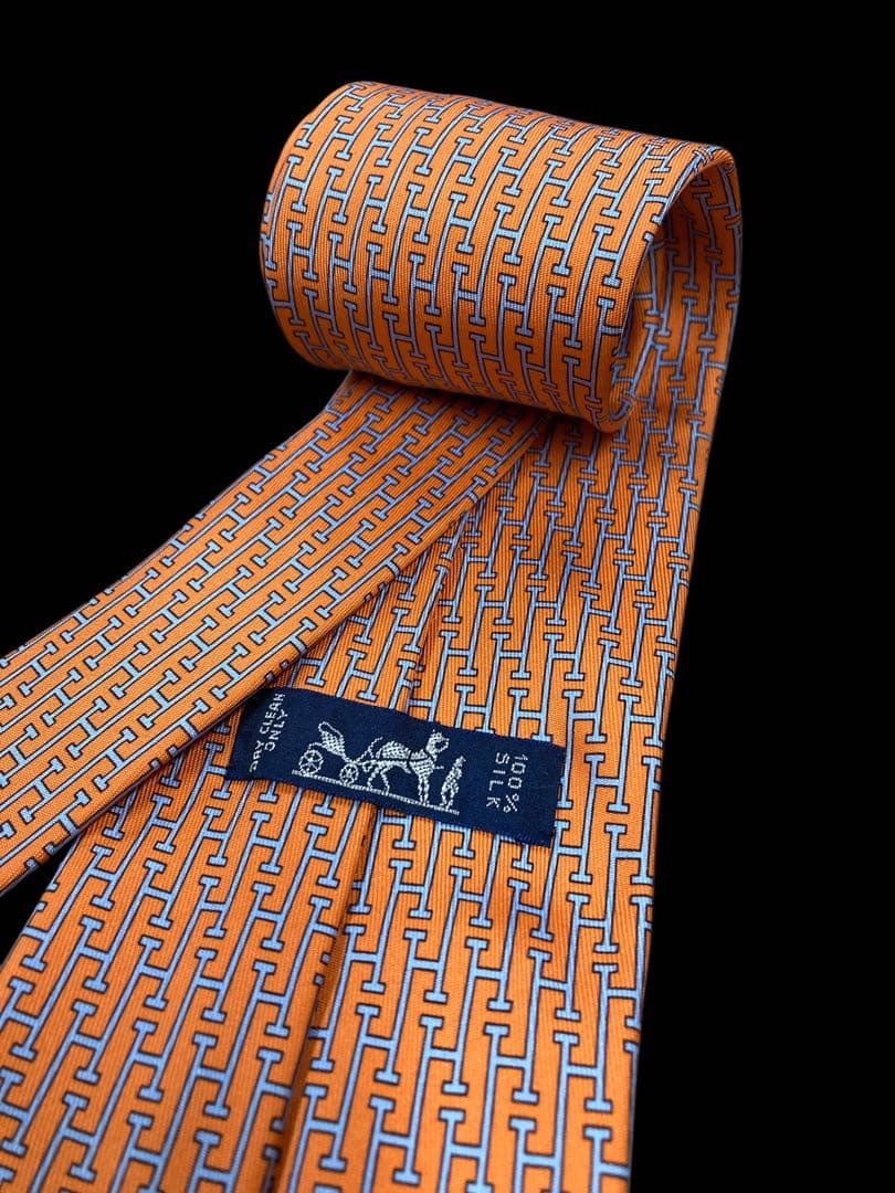 HERMES エルメス ネクタイ シルク100% ライトオレンジ H柄