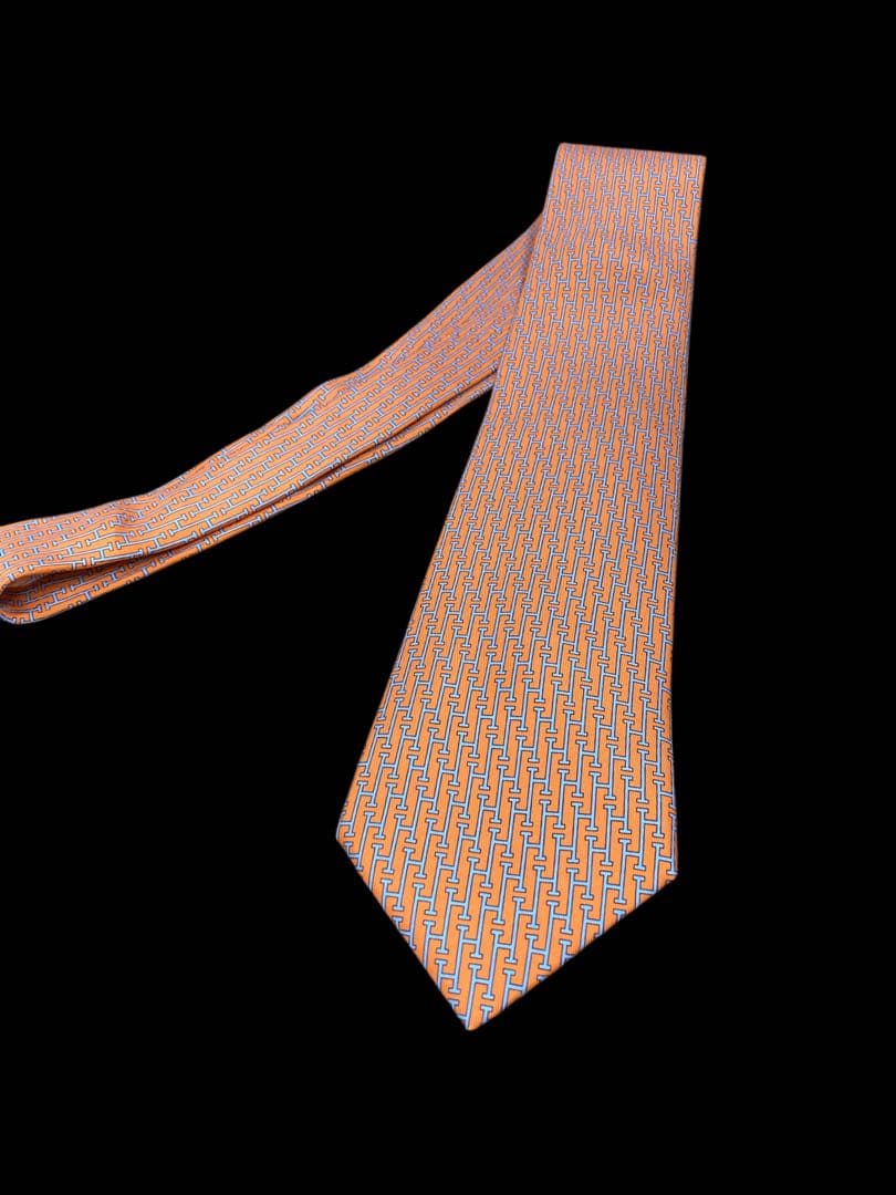 HERMES エルメス ネクタイ シルク100% ライトオレンジ H柄