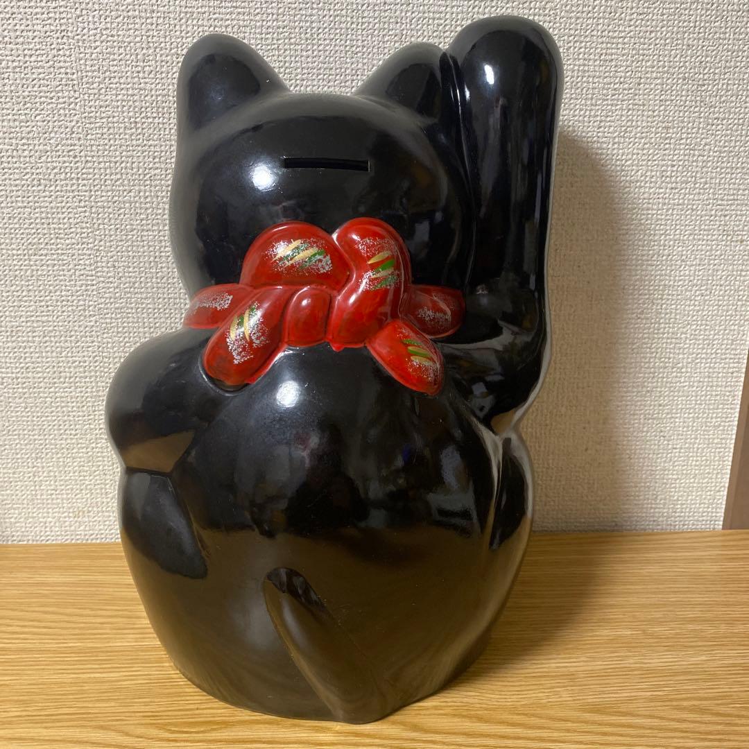 【特大】黒招き猫　開運黒手長小判猫（右手）10号　高さ35cm 黒猫　貯金箱
