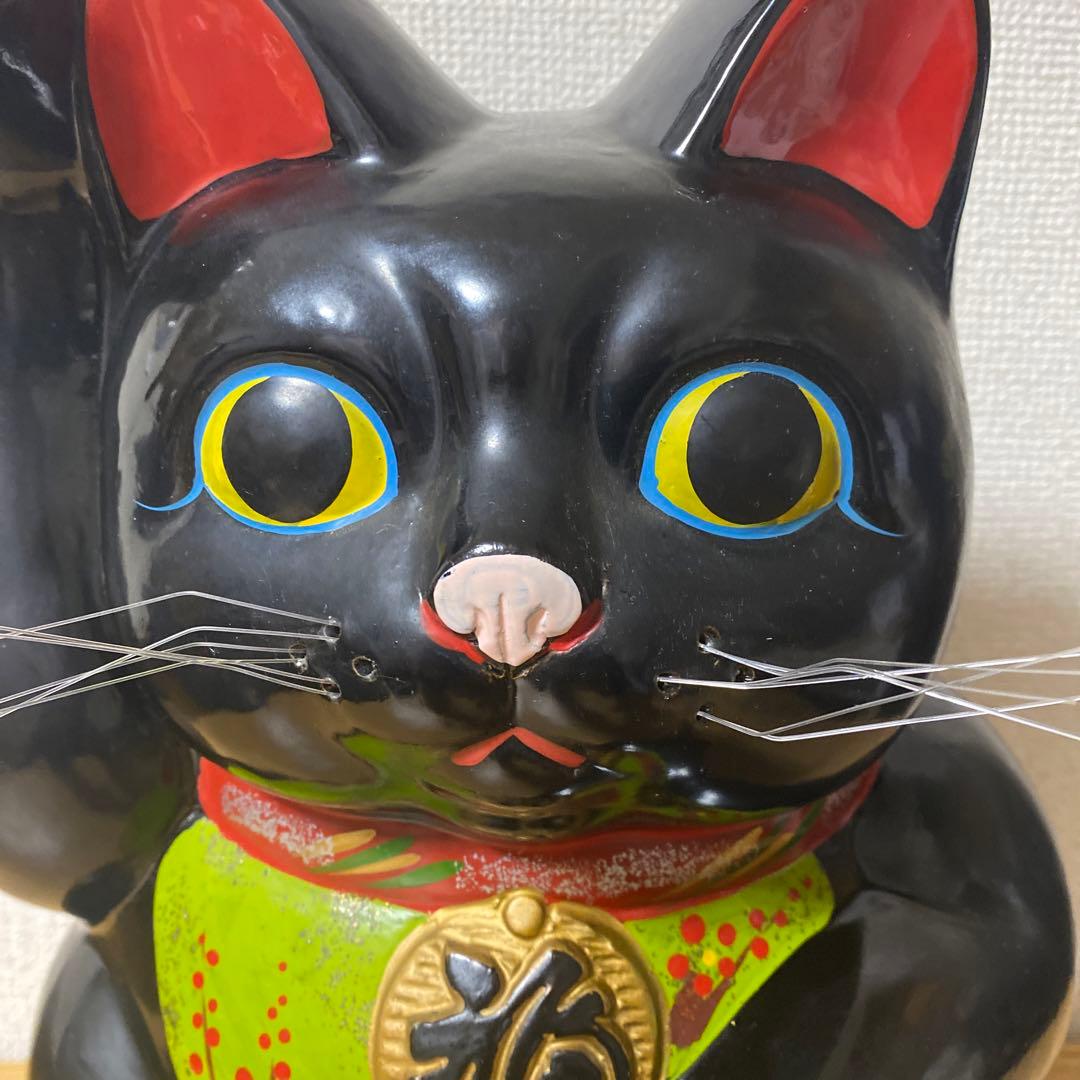【特大】黒招き猫　開運黒手長小判猫（右手）10号　高さ35cm 黒猫　貯金箱