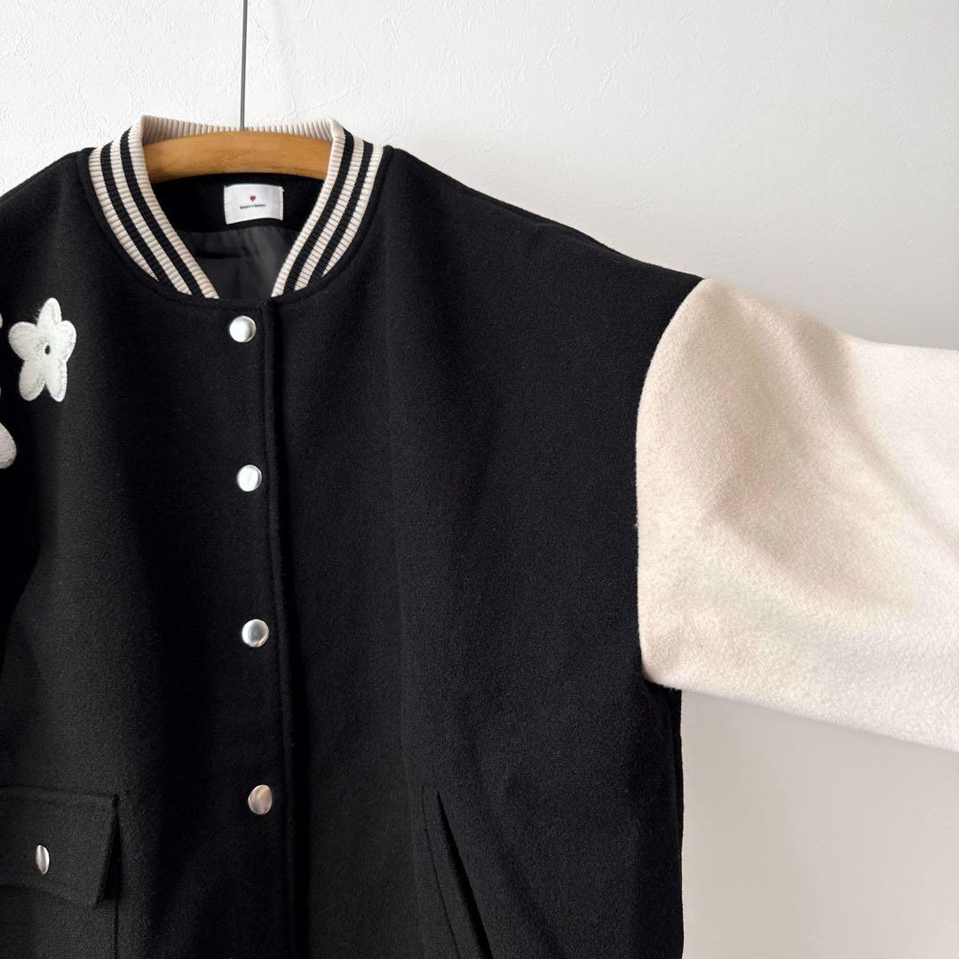 merry jenny フラワースタジャン パイル刺繍 花 オーバーサイズ 黒