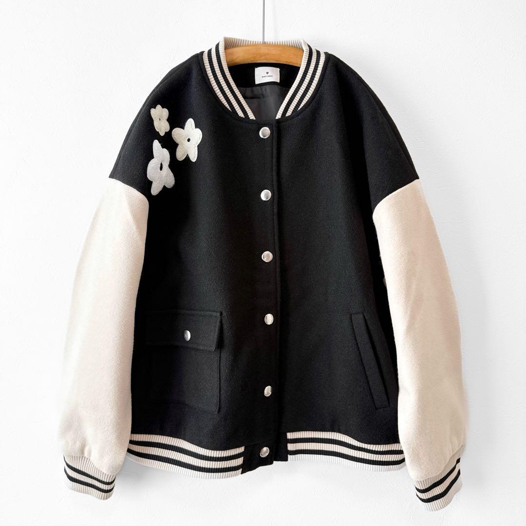 merry jenny フラワースタジャン パイル刺繍 花 オーバーサイズ 黒