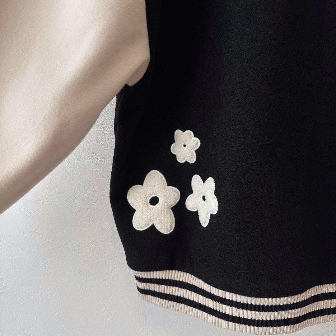 merry jenny フラワースタジャン パイル刺繍 花 オーバーサイズ 黒