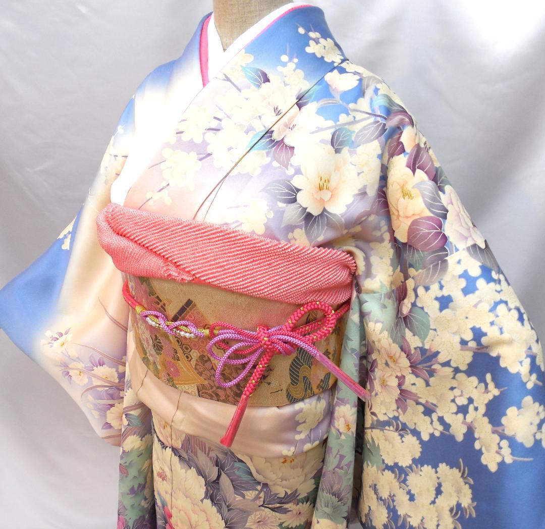 美品★振袖フルセット　正絹　成人式　振袖　7点セット　Mサイズ　水色　花柄