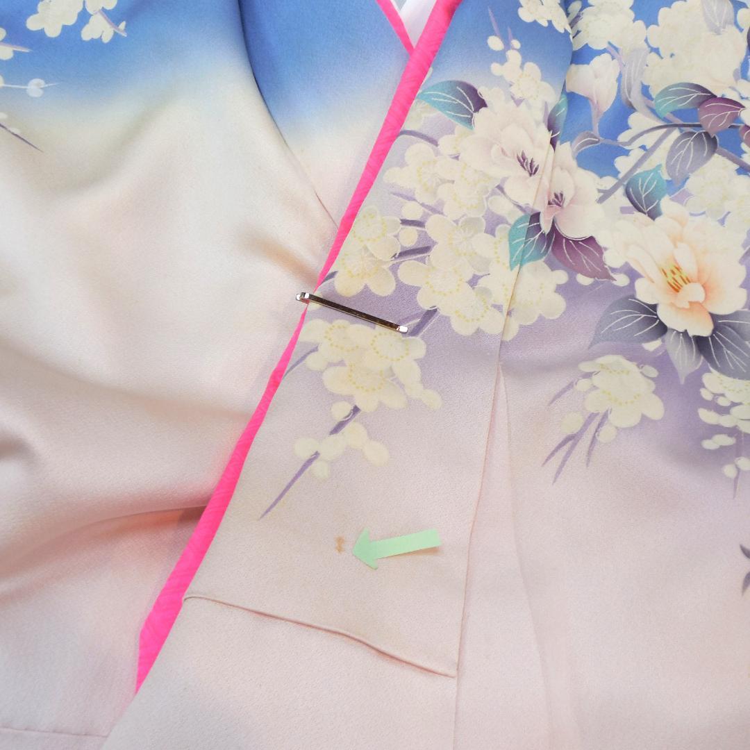 美品★振袖フルセット　正絹　成人式　振袖　7点セット　Mサイズ　水色　花柄