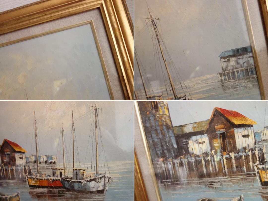 【中古】M▽W.JONES 油絵 漁港 船 海 港 (37866)