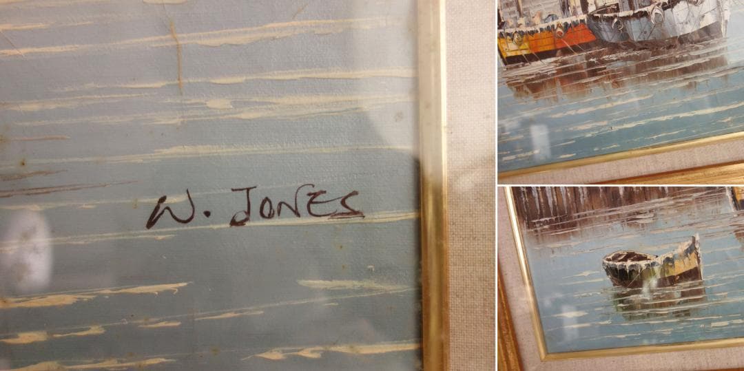 【中古】M▽W.JONES 油絵 漁港 船 海 港 (37866)