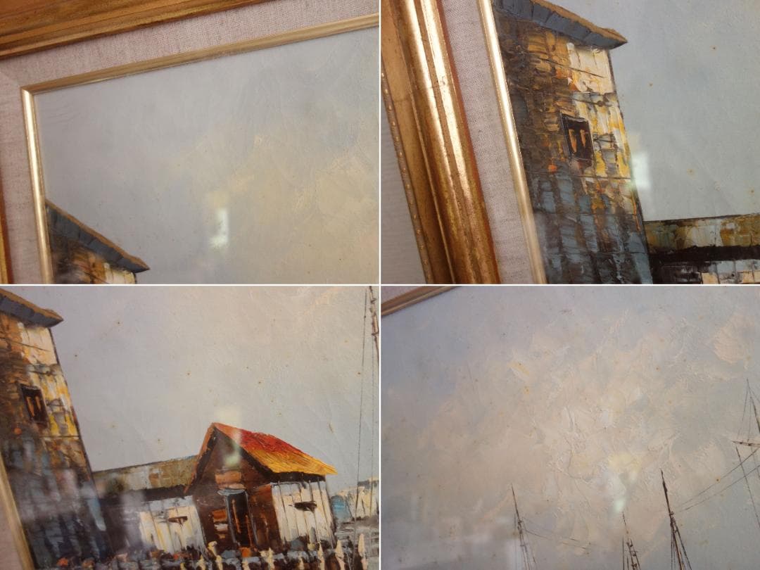 【中古】M▽W.JONES 油絵 漁港 船 海 港 (37866)