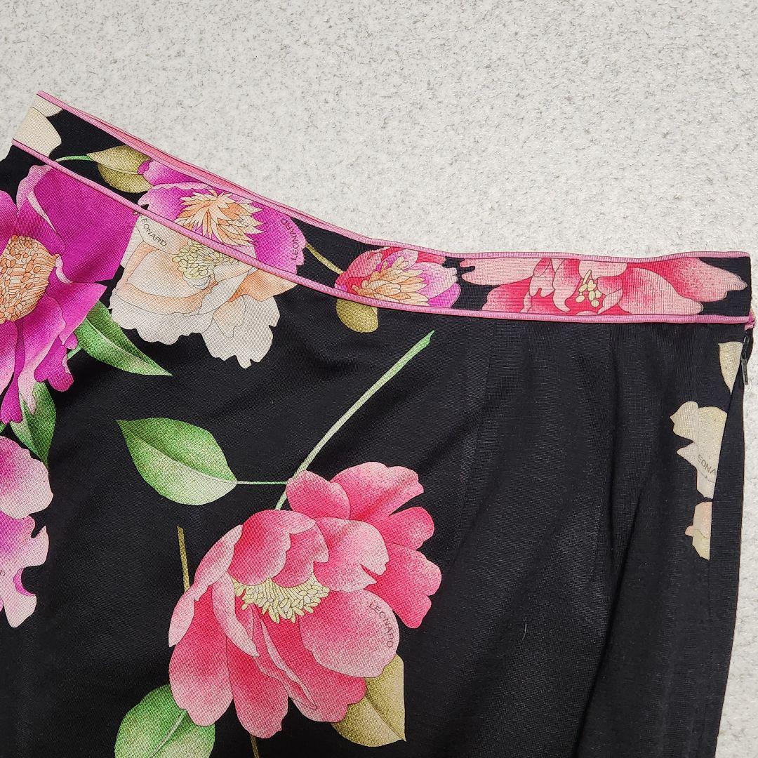 【大きいサイズ 73】レオナール シルク混 トリム 花柄 ウール スカート黒