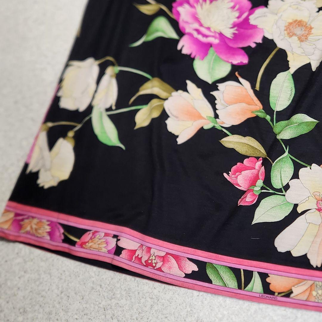 【大きいサイズ 73】レオナール シルク混 トリム 花柄 ウール スカート黒