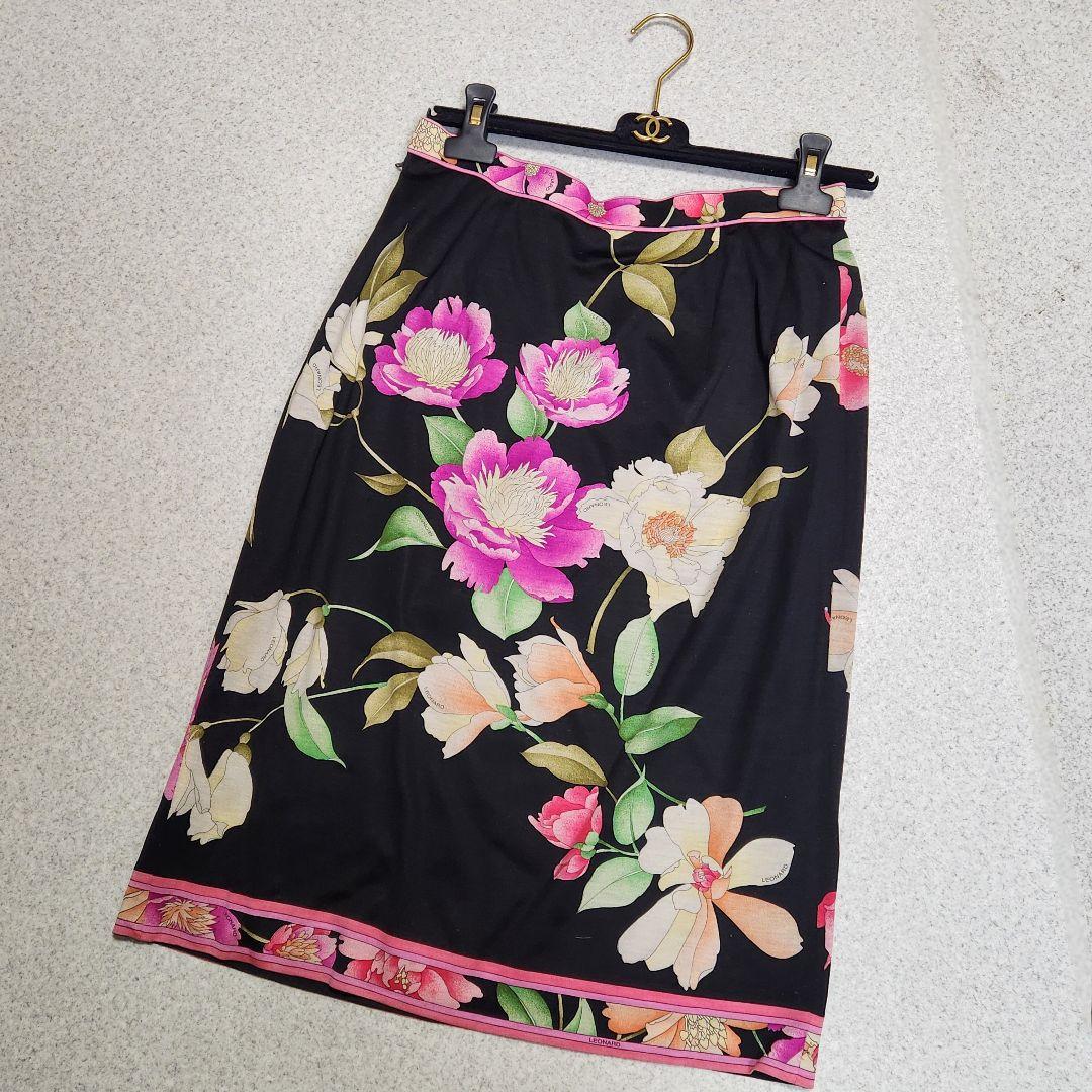 【大きいサイズ 73】レオナール シルク混 トリム 花柄 ウール スカート黒