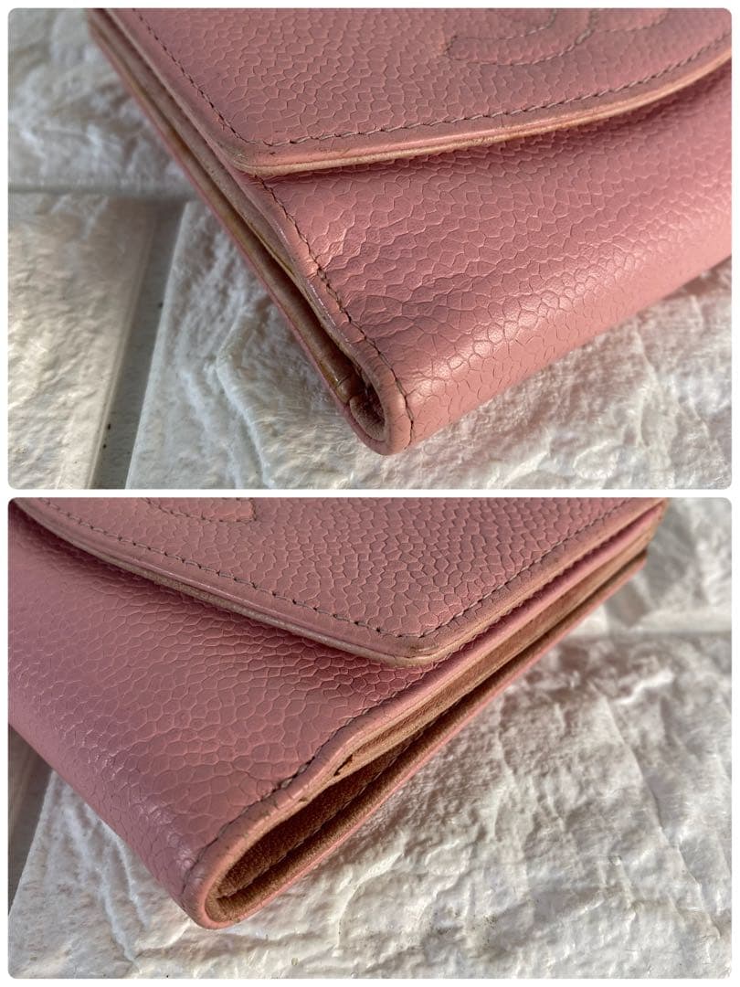 シャネル　三つ折り財布　ココマーク　ピンク　キャビアスキン　レザー　CHANEL