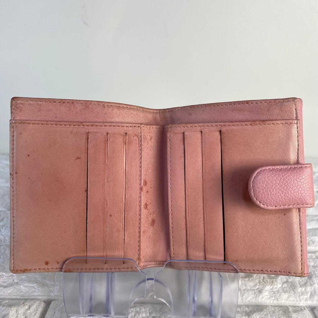 シャネル　三つ折り財布　ココマーク　ピンク　キャビアスキン　レザー　CHANEL