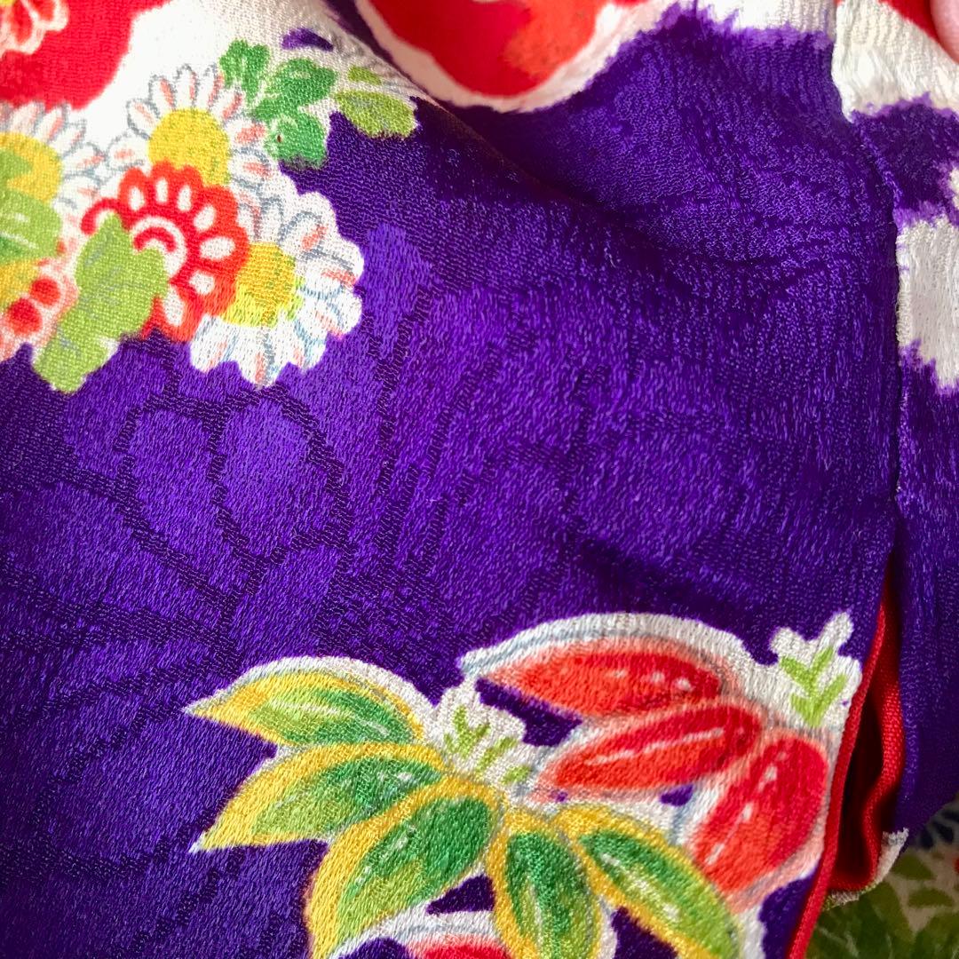 正絹 アンティーク着物 女の子 お宮参り 七五三 ◇紫 花車 扇 【美品】