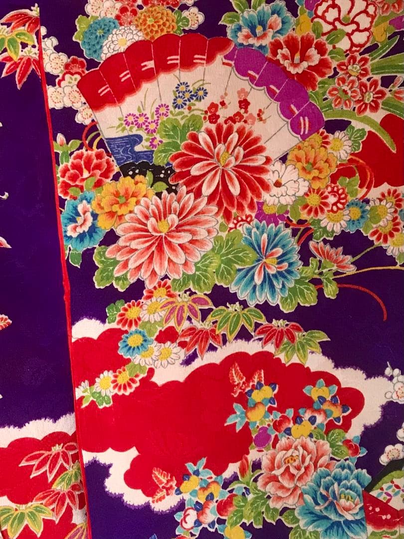 正絹 アンティーク着物 女の子 お宮参り 七五三 ◇紫 花車 扇 【美品】
