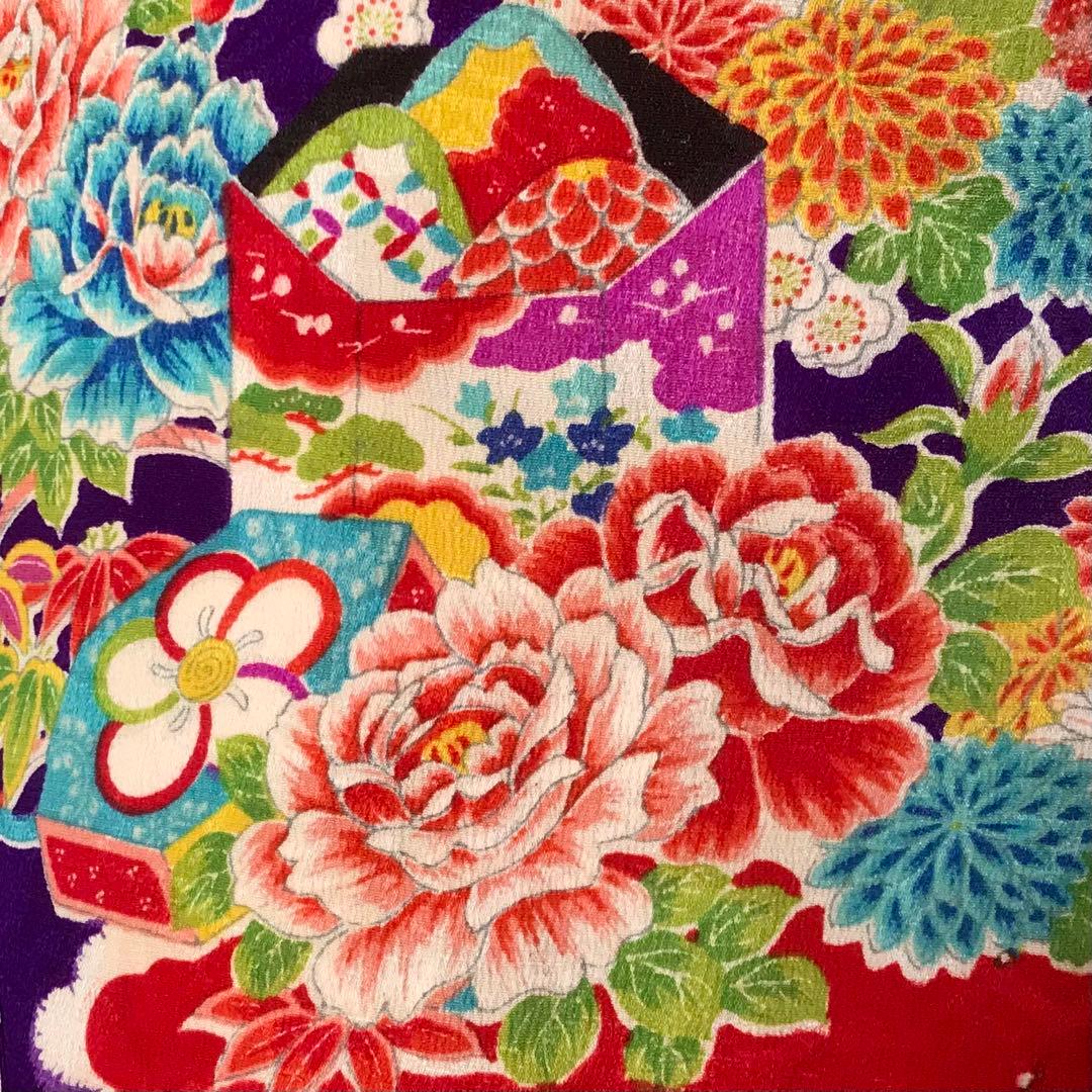 正絹 アンティーク着物 女の子 お宮参り 七五三 ◇紫 花車 扇 【美品】