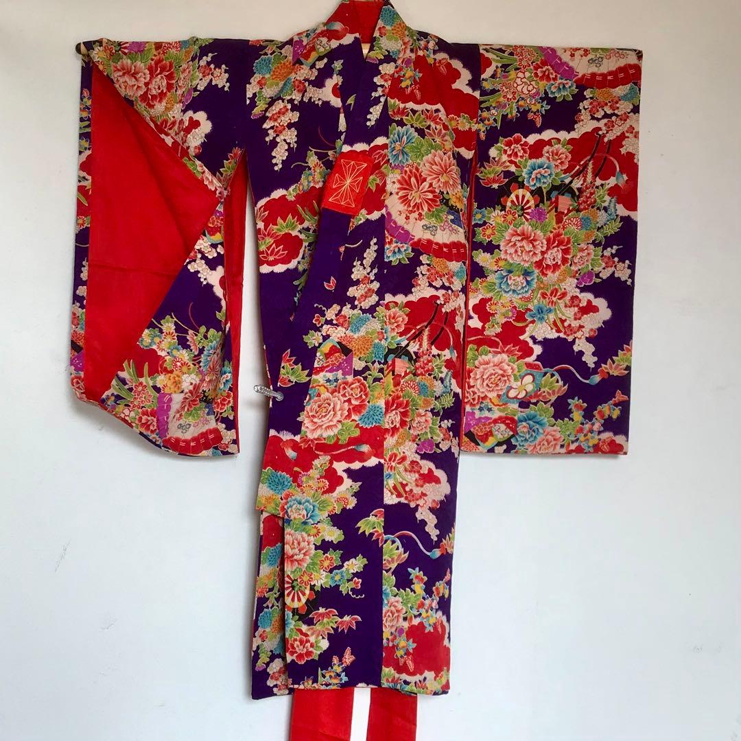 正絹 アンティーク着物 女の子 お宮参り 七五三 ◇紫 花車 扇 【美品】