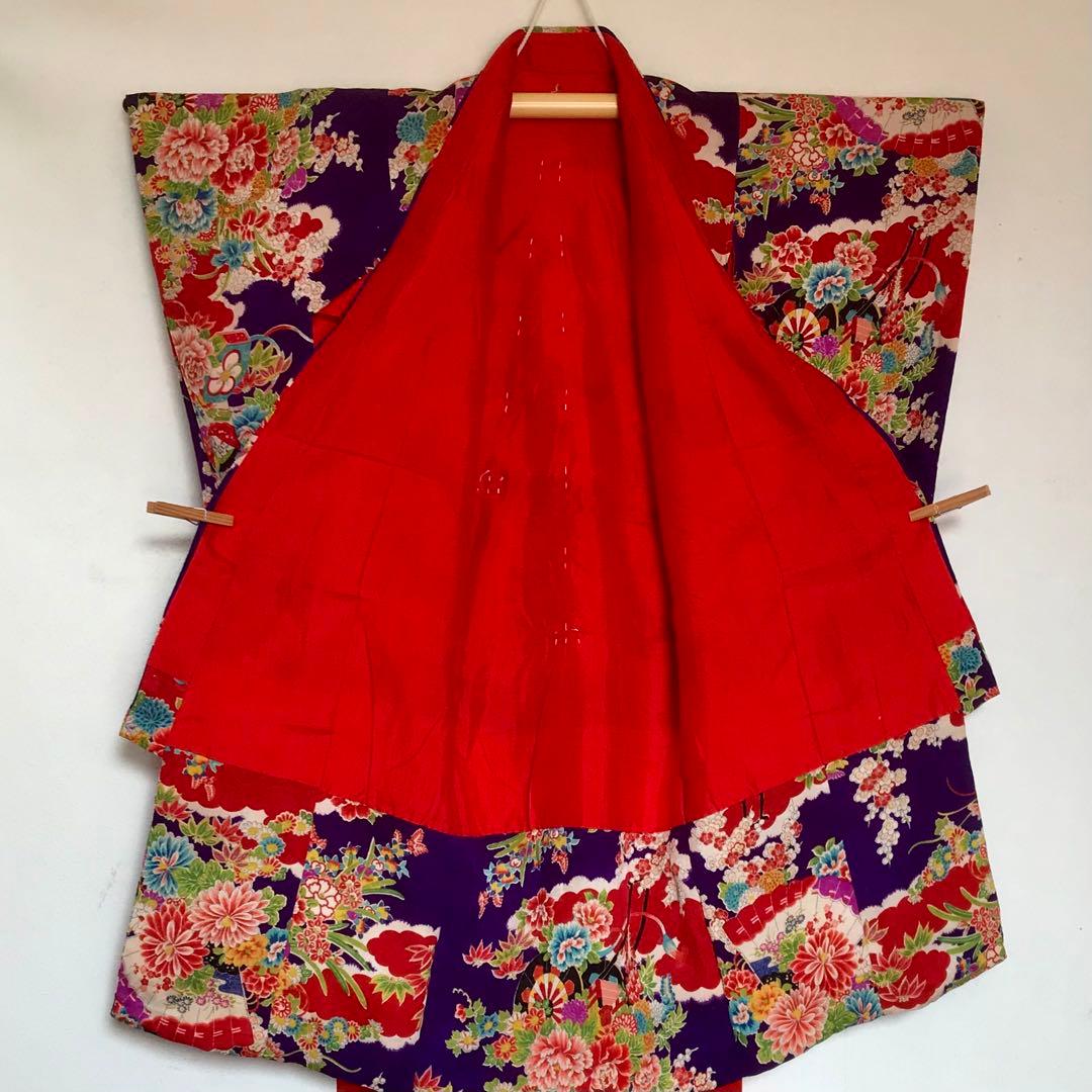 正絹 アンティーク着物 女の子 お宮参り 七五三 ◇紫 花車 扇 【美品】