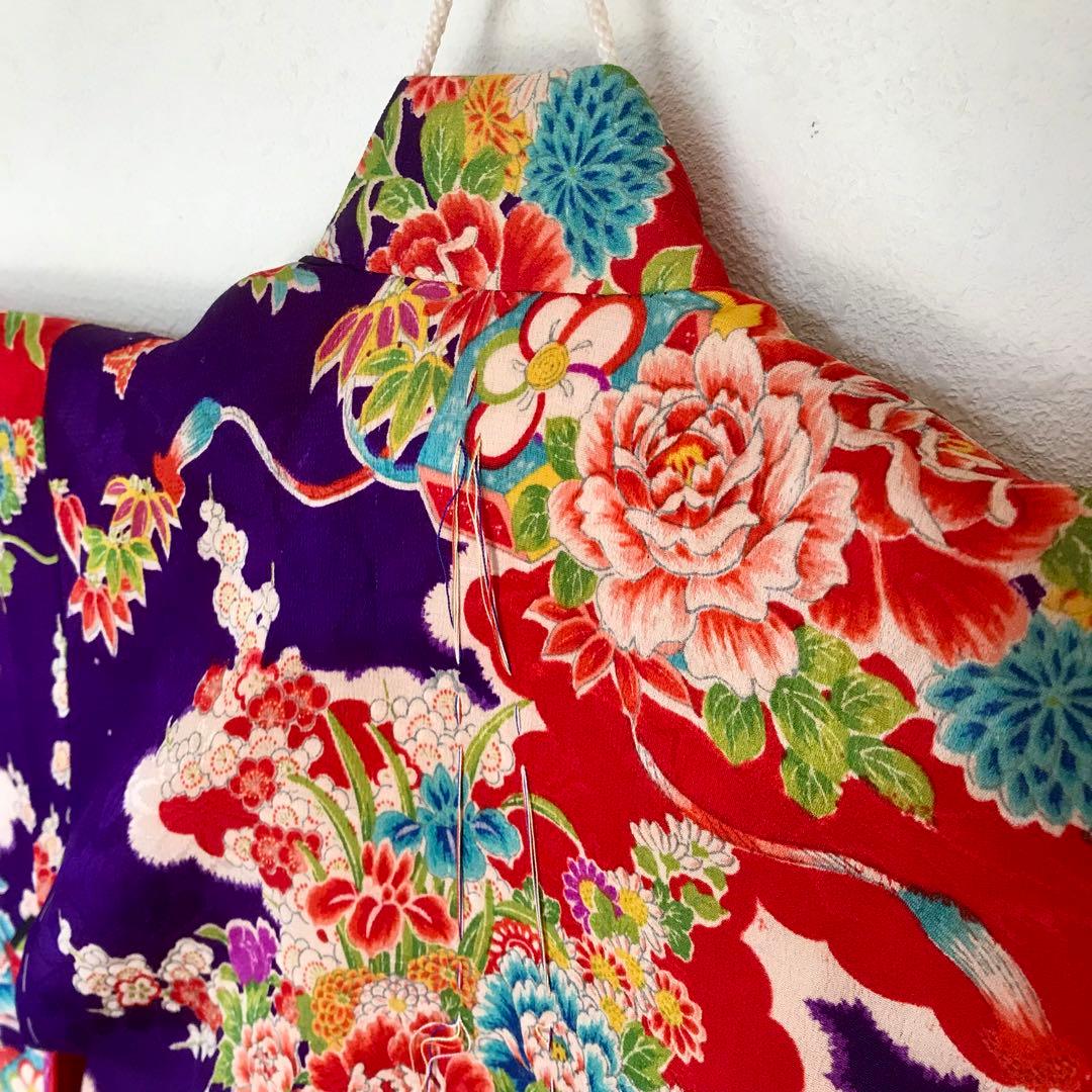 正絹 アンティーク着物 女の子 お宮参り 七五三 ◇紫 花車 扇 【美品】