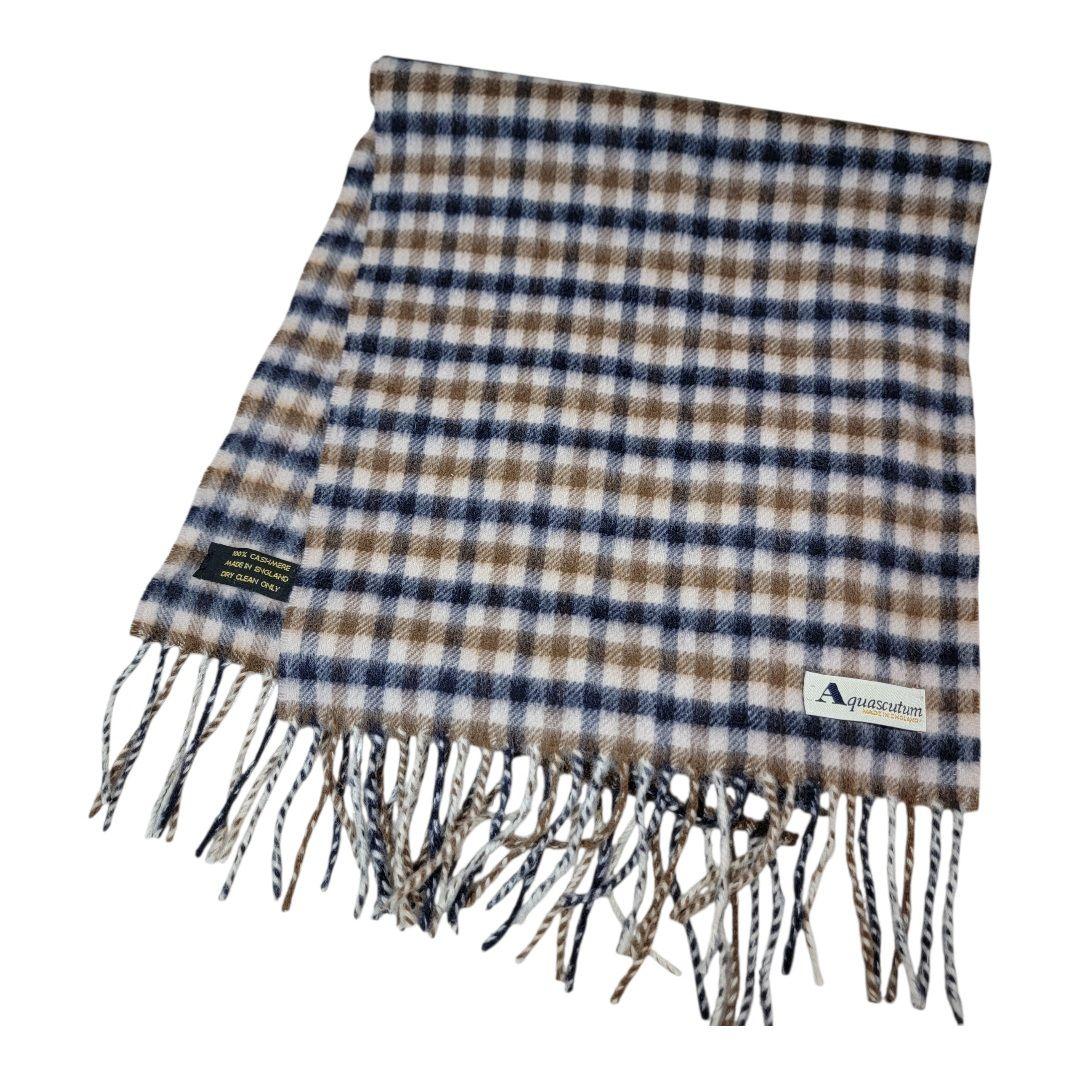 ほぼ未使用 伝統ハウスチェック柄 アクアスキュータム カシミヤ100% マフラー