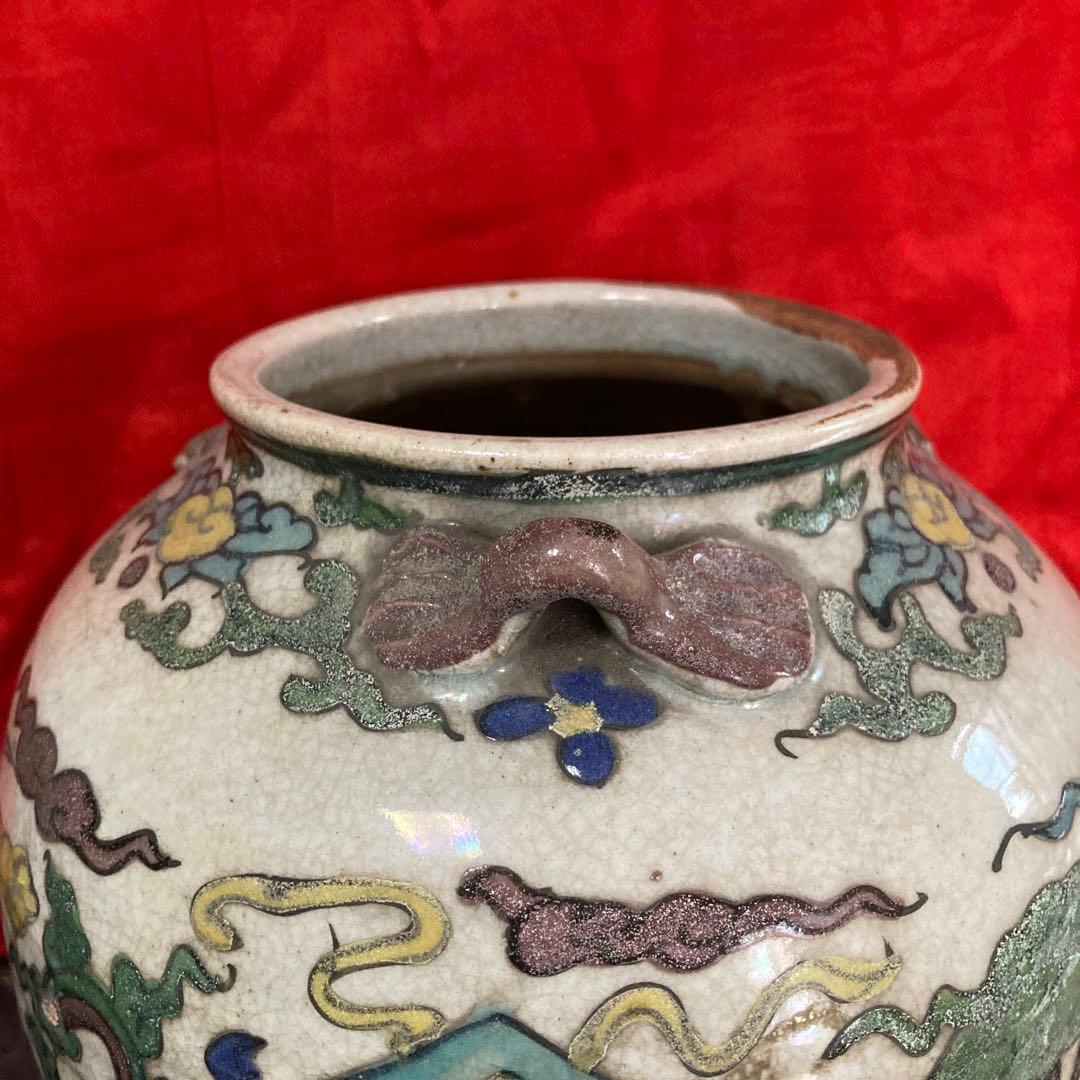 中国　色絵　三耳壺　鳳凰図