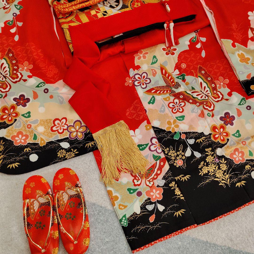 七五三 7歳 着物 帯 バッグ 草履 小物 セット 赤 黒 蝶 金駒刺繍
