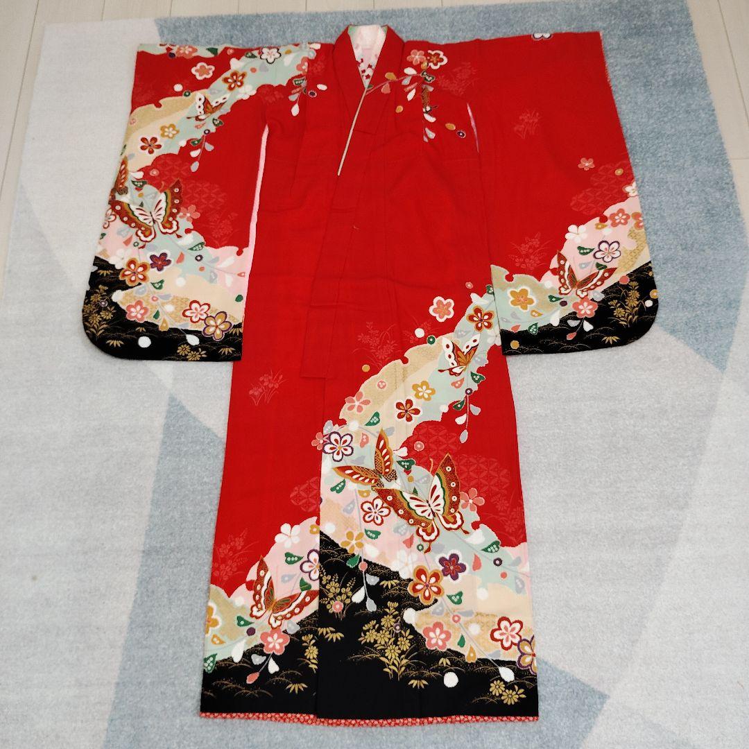 七五三 7歳 着物 帯 バッグ 草履 小物 セット 赤 黒 蝶 金駒刺繍