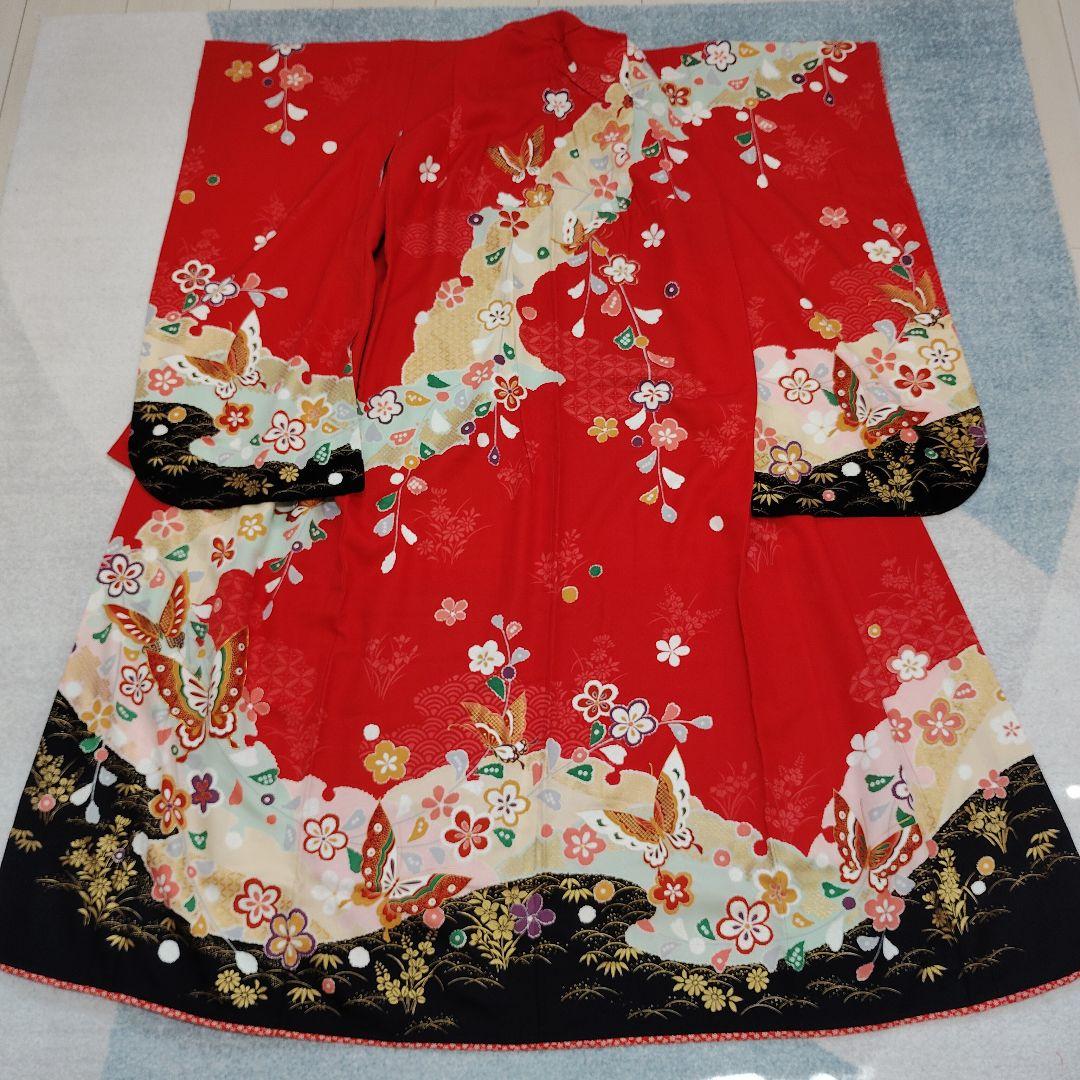 七五三 7歳 着物 帯 バッグ 草履 小物 セット 赤 黒 蝶 金駒刺繍