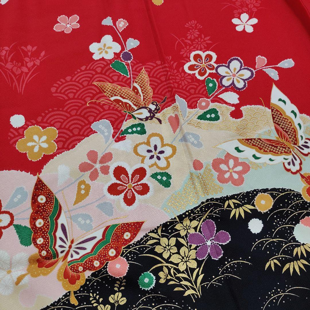 七五三 7歳 着物 帯 バッグ 草履 小物 セット 赤 黒 蝶 金駒刺繍