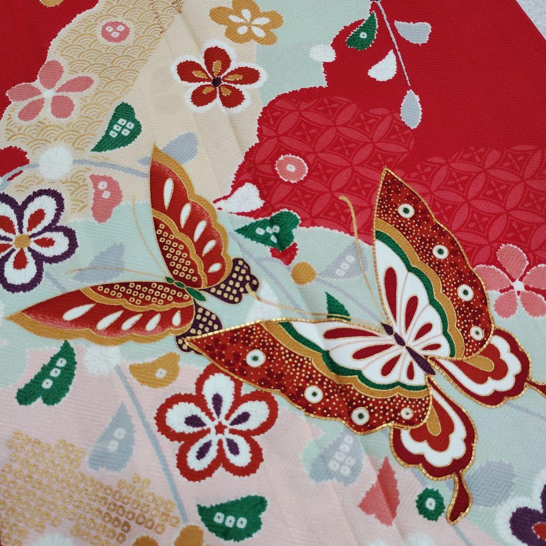 七五三 7歳 着物 帯 バッグ 草履 小物 セット 赤 黒 蝶 金駒刺繍