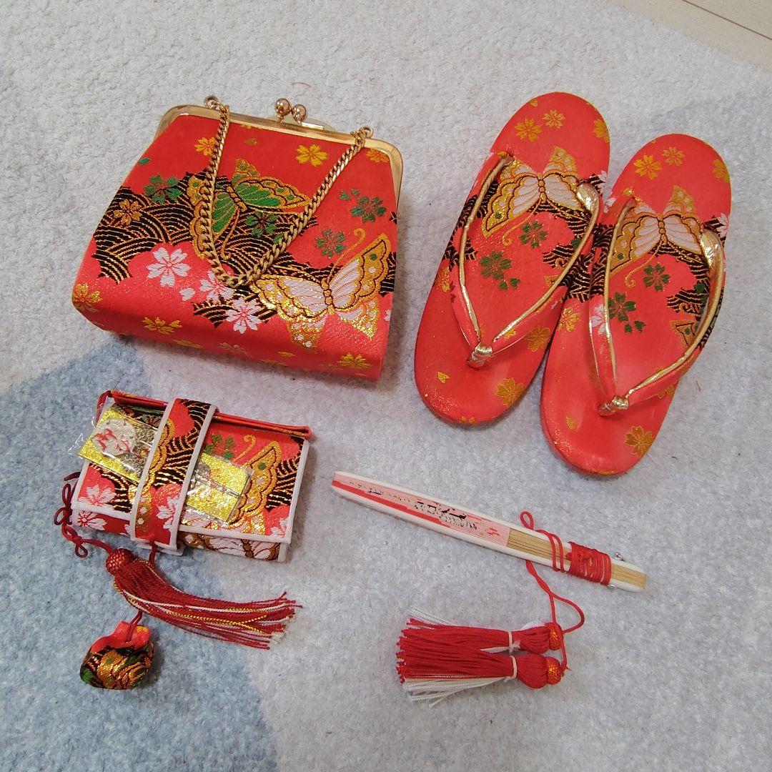 七五三 7歳 着物 帯 バッグ 草履 小物 セット 赤 黒 蝶 金駒刺繍