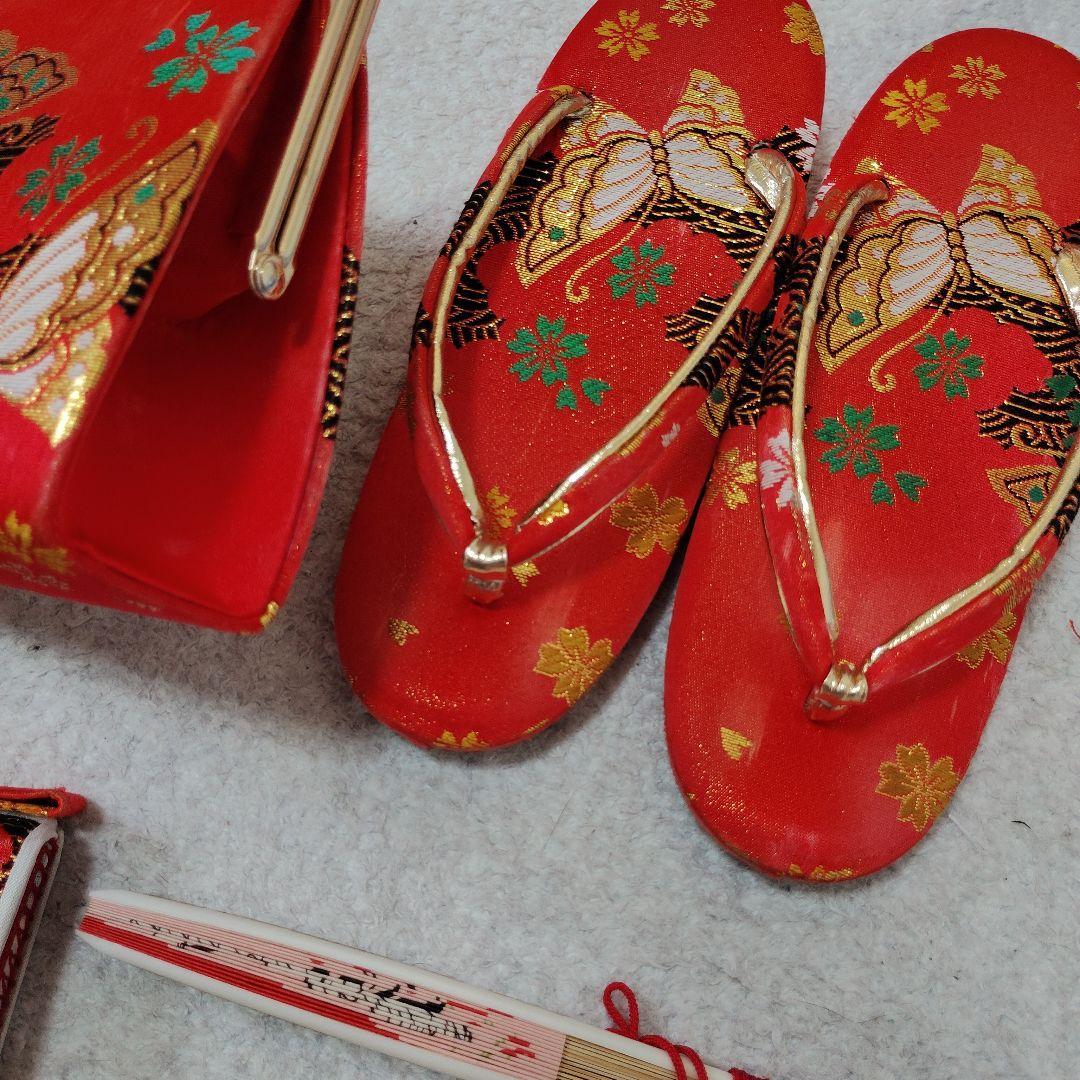 七五三 7歳 着物 帯 バッグ 草履 小物 セット 赤 黒 蝶 金駒刺繍