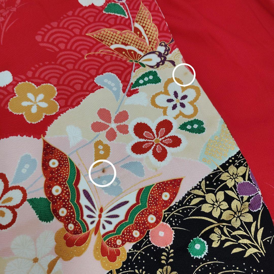 七五三 7歳 着物 帯 バッグ 草履 小物 セット 赤 黒 蝶 金駒刺繍