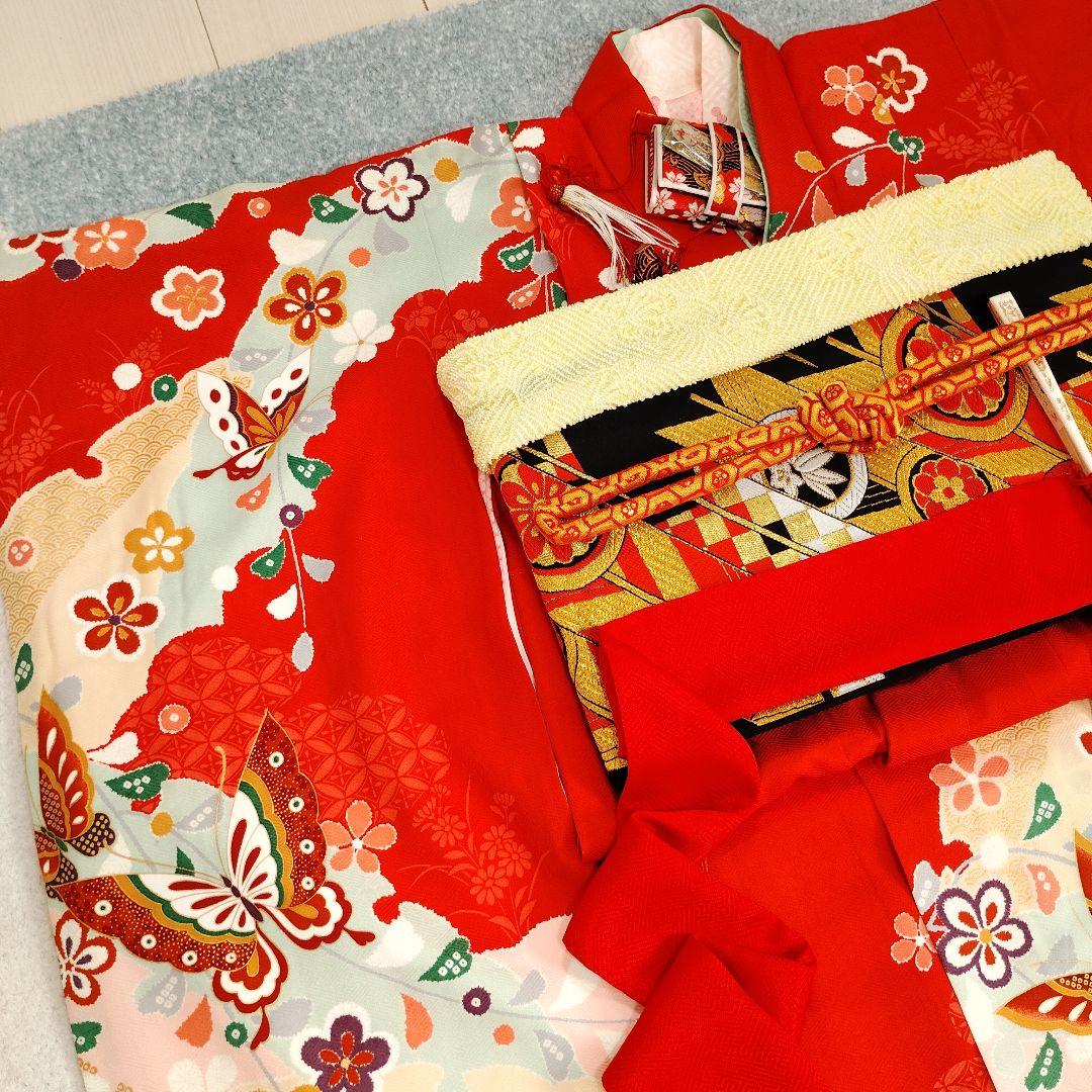 七五三 7歳 着物 帯 バッグ 草履 小物 セット 赤 黒 蝶 金駒刺繍