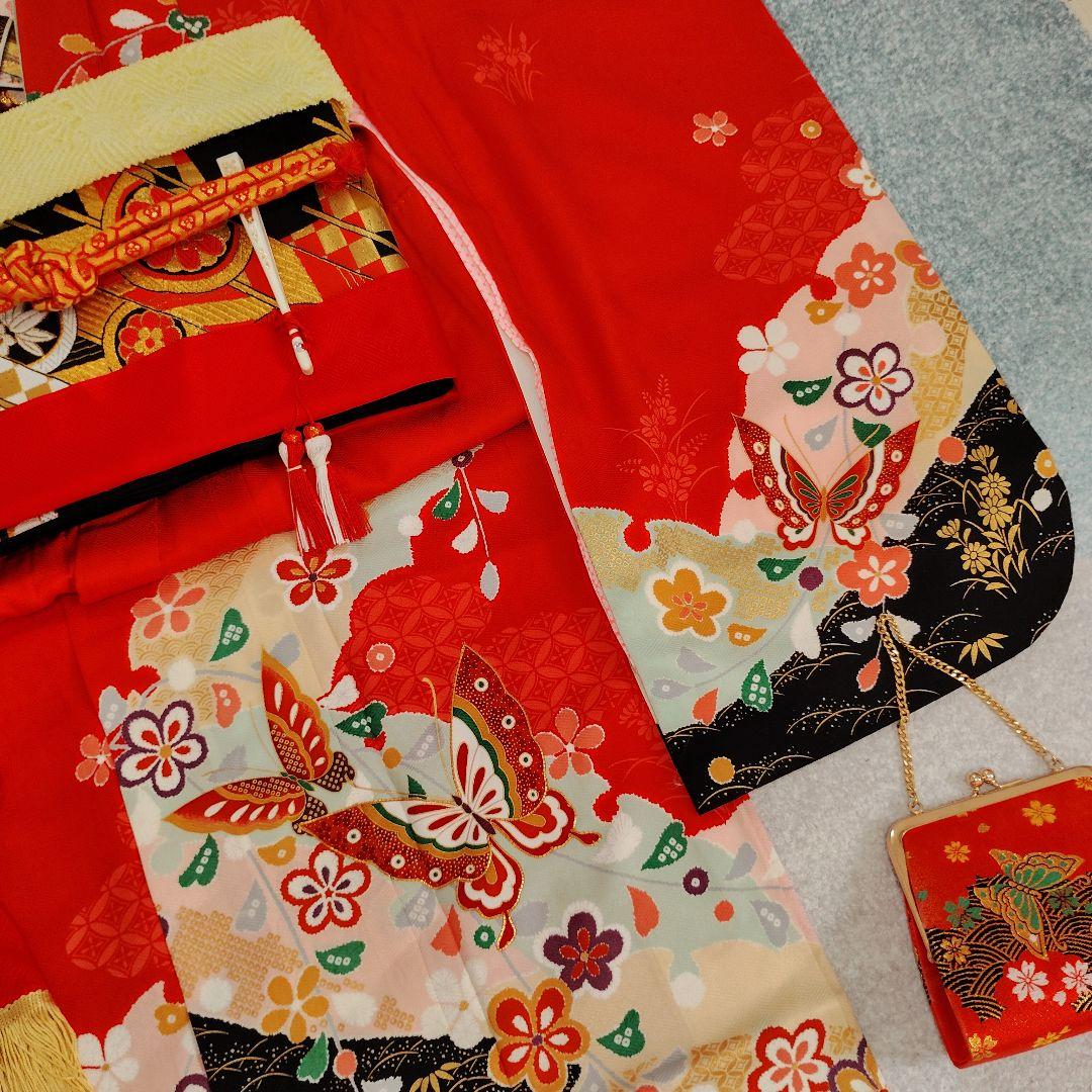 七五三 7歳 着物 帯 バッグ 草履 小物 セット 赤 黒 蝶 金駒刺繍