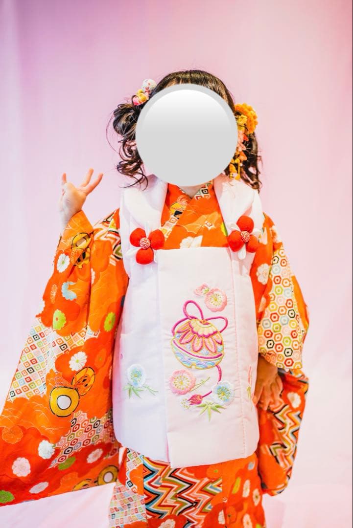 753 お宮参り　3歳向け・絹交織・アンティーク着物とお被布セット