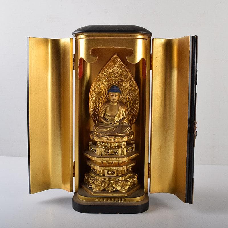 仏教美術　木彫鍍金　阿弥陀如來座像　仏像　厨子付　V　8159