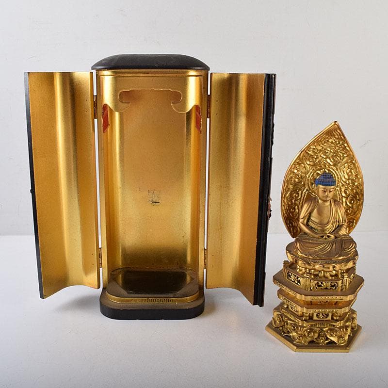 仏教美術　木彫鍍金　阿弥陀如來座像　仏像　厨子付　V　8159